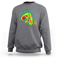 Dark heather gray crewneck sweatshirt with large colorful storm radar graphic on the back
