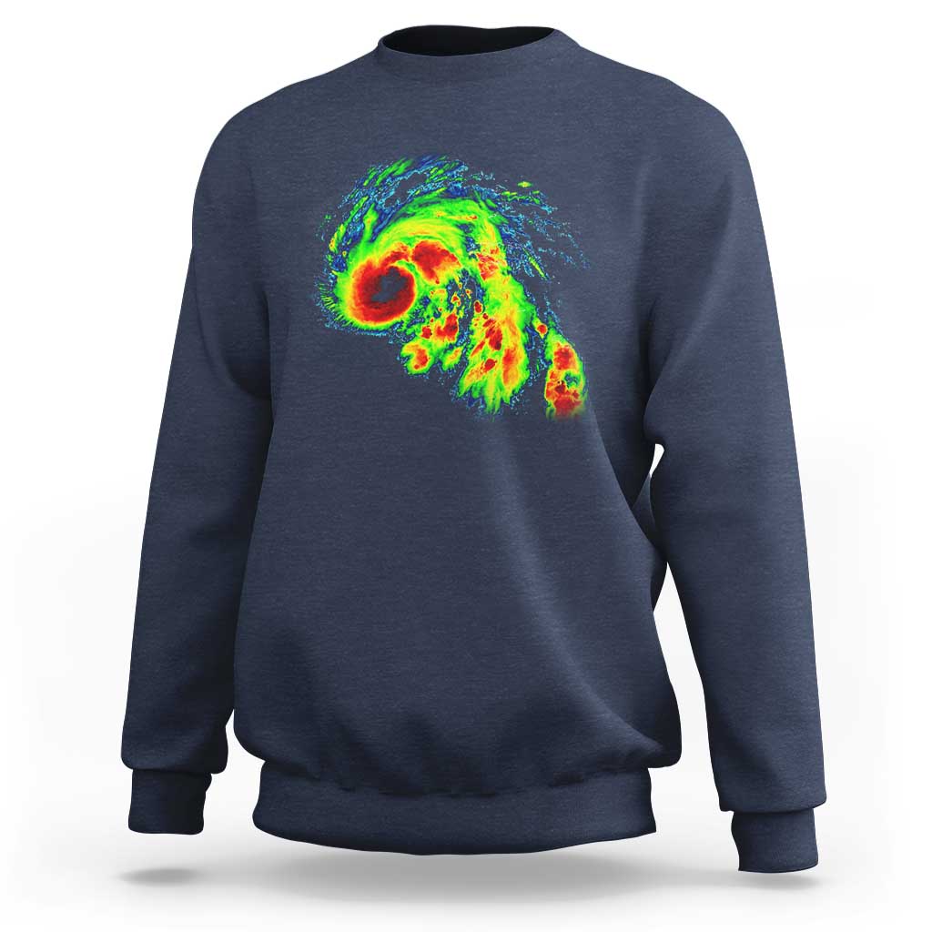 Navy crewneck sweatshirt with large colorful storm radar graphic on the back