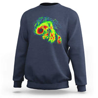 Navy crewneck sweatshirt with large colorful storm radar graphic on the back