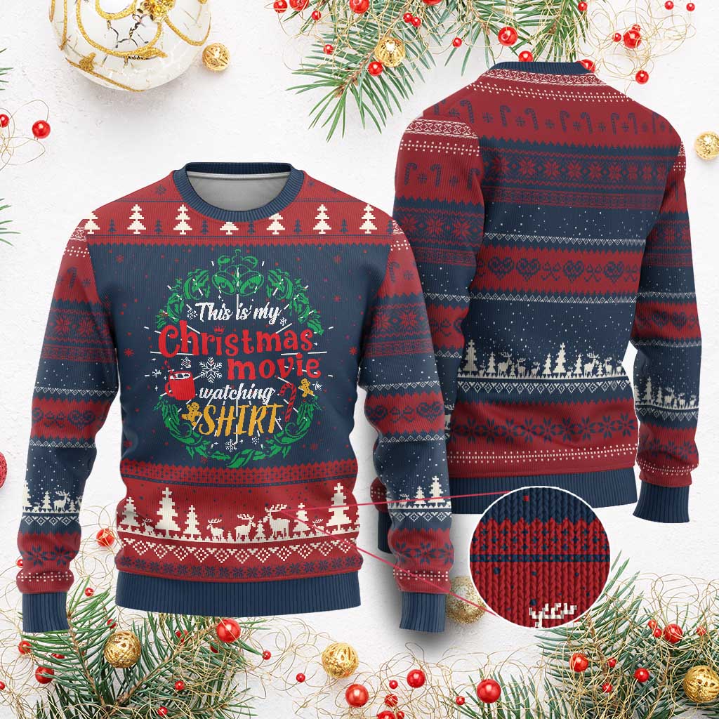 Ugly Christmas sweater shirt with navy, burgundy, and white fair isle and 'Christmas' graphic