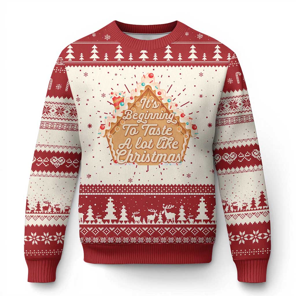 Red and cream ugly Christmas sweater with festive tree and gingerbread graphic