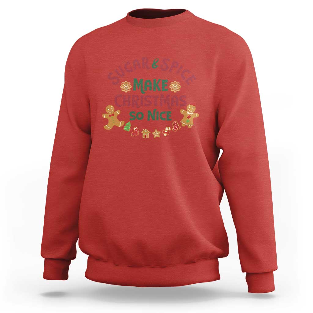 Red Christmas sweatshirt with “Sugar & Spice Make Christmas So Nice” graphic