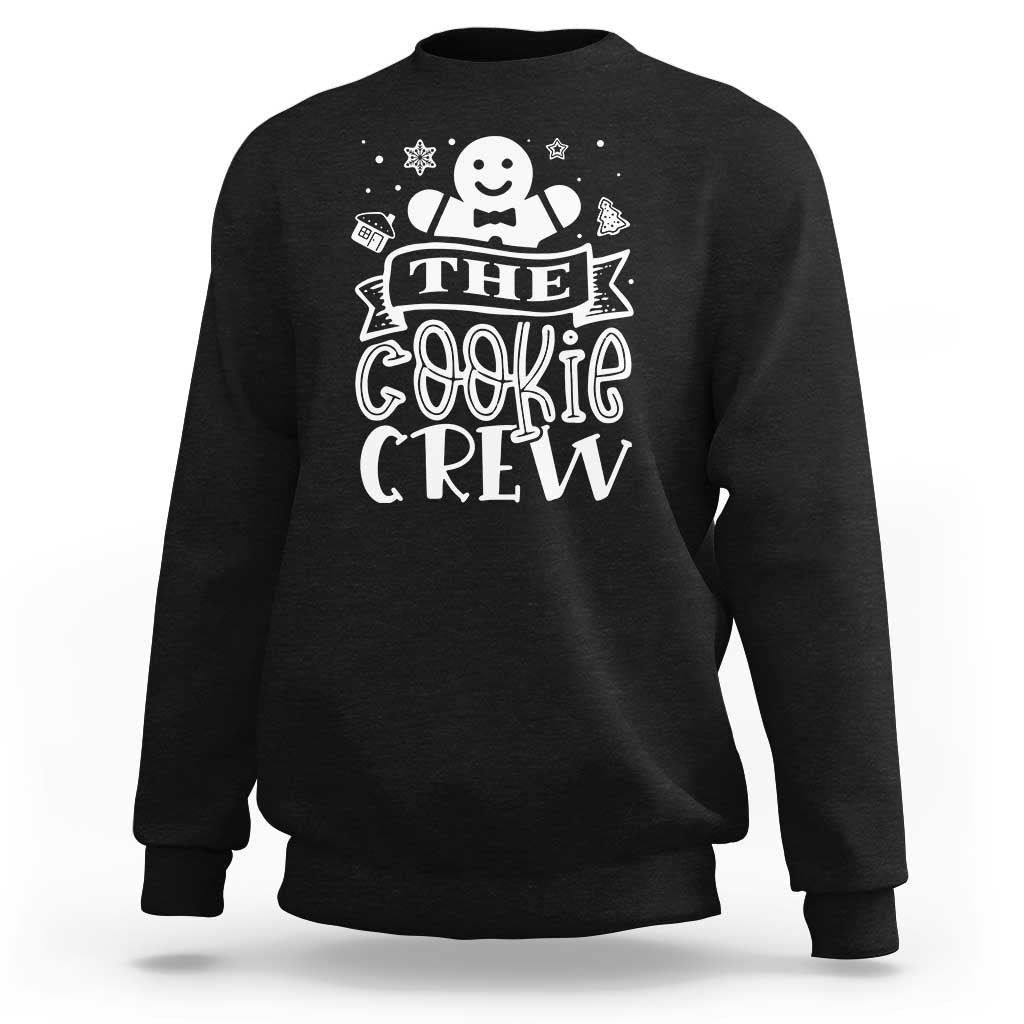 Black crewneck sweatshirt with white “The Cookie Crew” cookie graphic