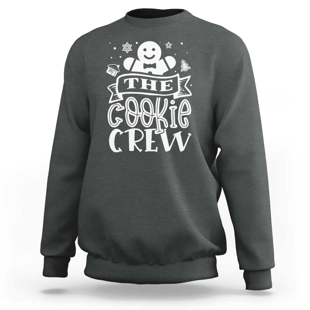 Dark heather crewneck sweatshirt with white “The Cookie Crew” cookie graphic