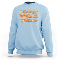 Light blue crewneck sweatshirt with colorful gingerbread cookie holiday graphic
