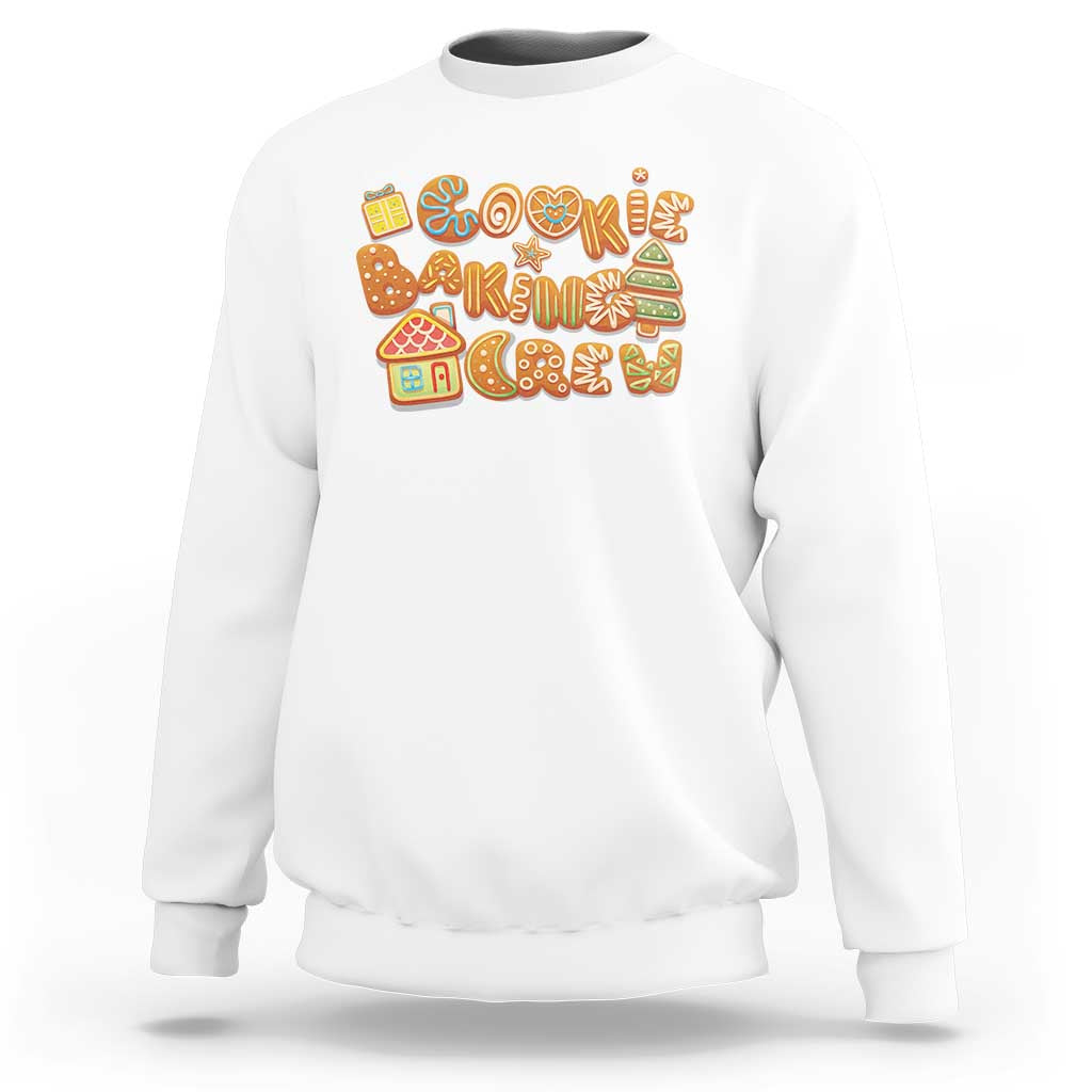 White crewneck sweatshirt with colorful gingerbread cookie holiday graphic