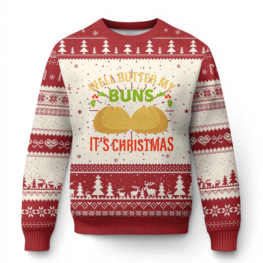 Red Christmas sweater with bun graphic and 'It's Christmas' lettering