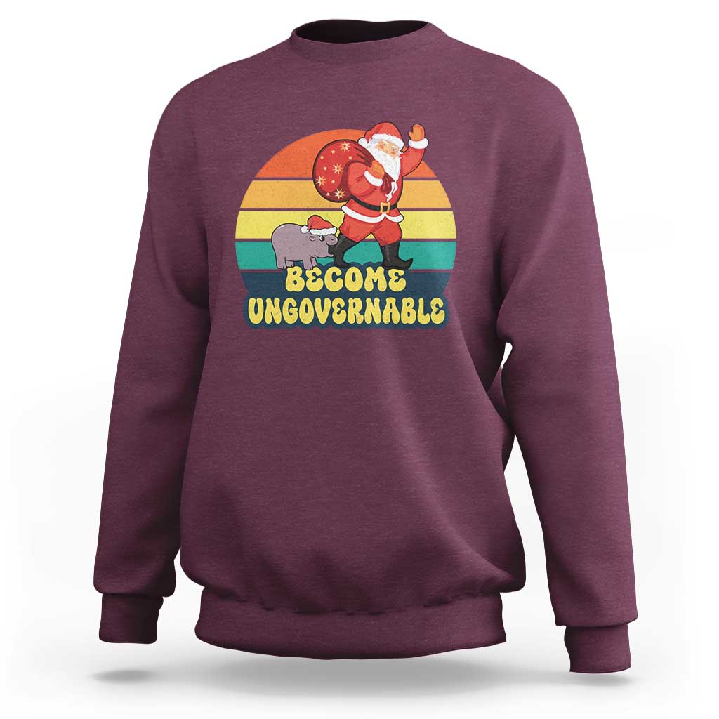 Maroon crewneck sweatshirt with Santa graphic and “Become Ungovernable” text