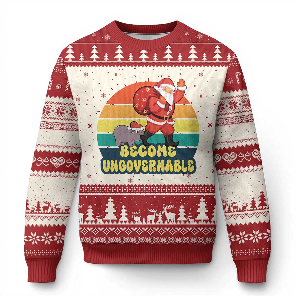 Red ugly Christmas sweater with Santa graphic and 'Become Ungovernable' text