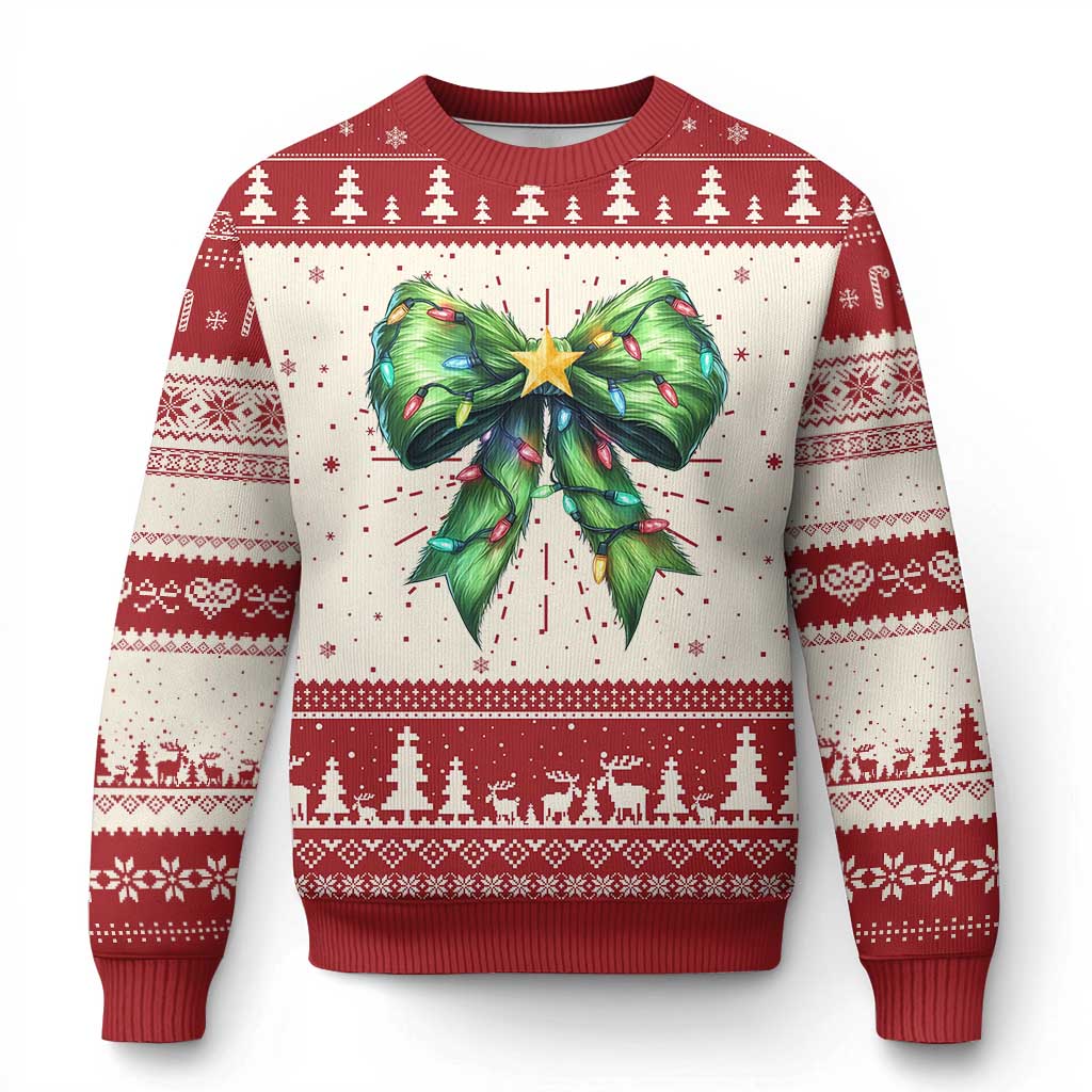 Red and white Christmas sweater with green bow graphic and patterned cuffs.