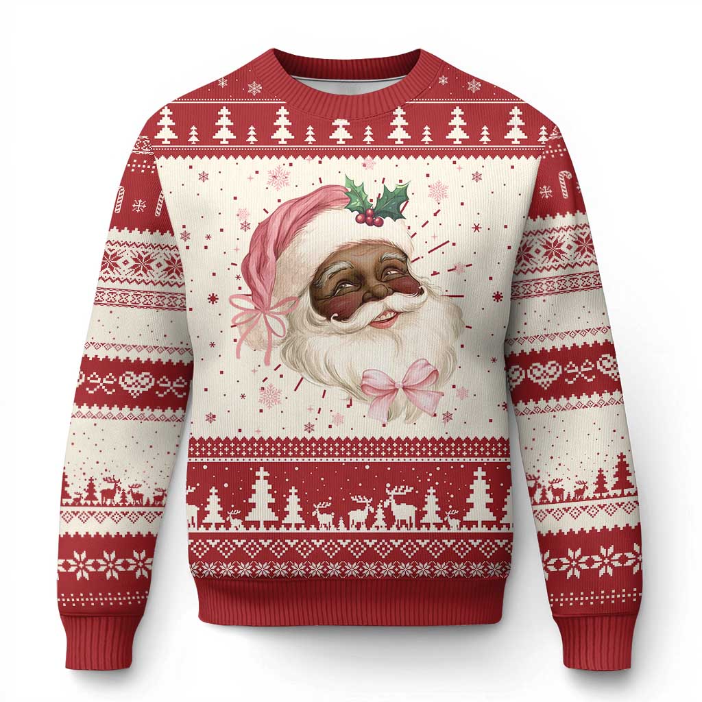 Red and cream crewneck Christmas sweater with Santa face graphic and knit pattern