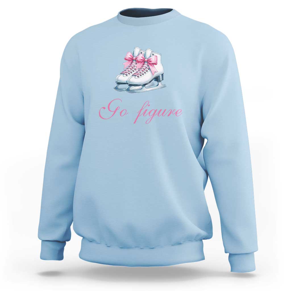 Light blue women's sweatshirt with figure skates and pink bow graphic, crew neck.