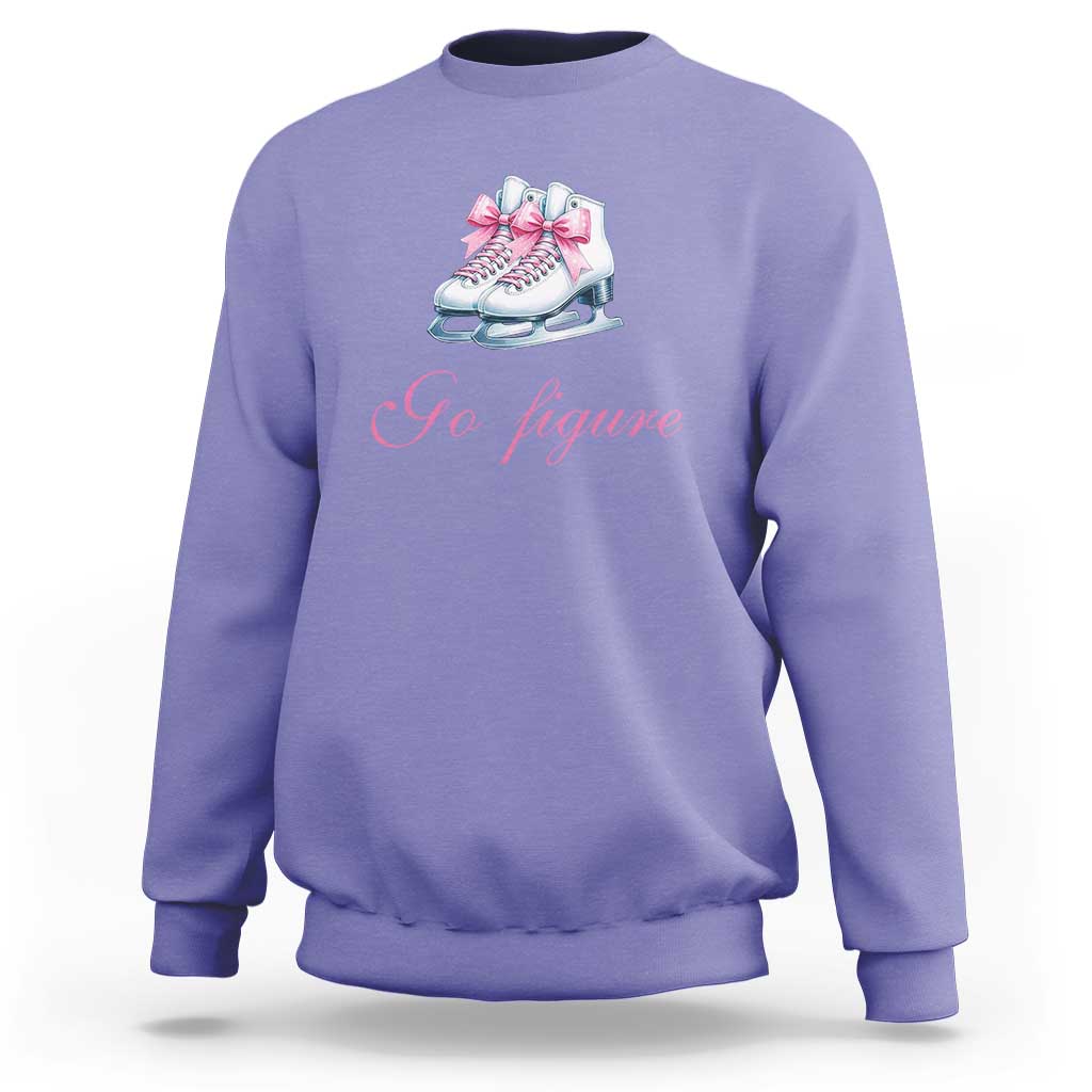 Violet women's sweatshirt with figure skates and pink bow graphic, crew neck.