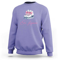 Violet women's sweatshirt with figure skates and pink bow graphic, crew neck.