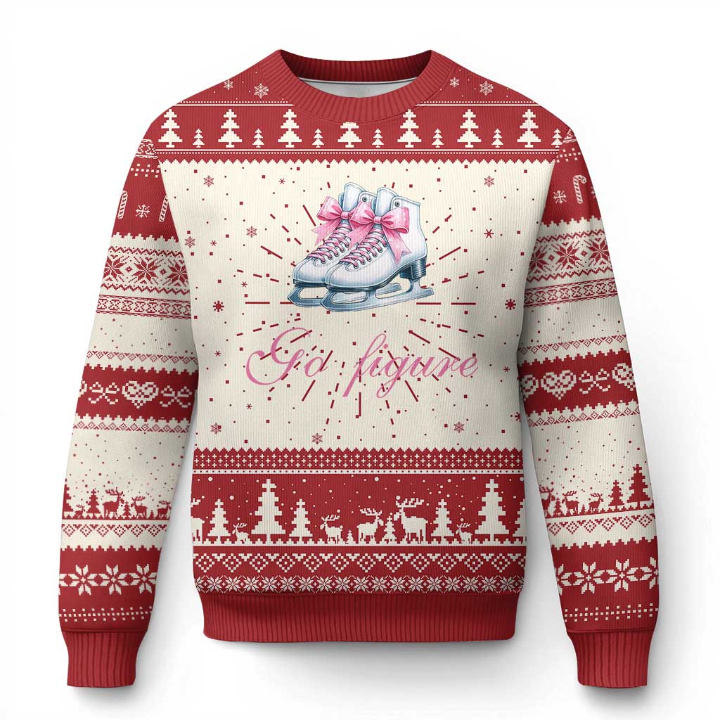 Ugly Christmas sweater, red and cream with ice skates and tree Fair Isle band