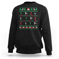 Black crewneck sweatshirt, back graphic of ice skaters in festive colors