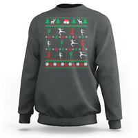 Dark heather gray crewneck sweatshirt, back graphic of ice skaters in festive colors