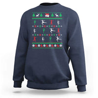 Navy crewneck sweatshirt, back graphic of ice skaters in festive colors