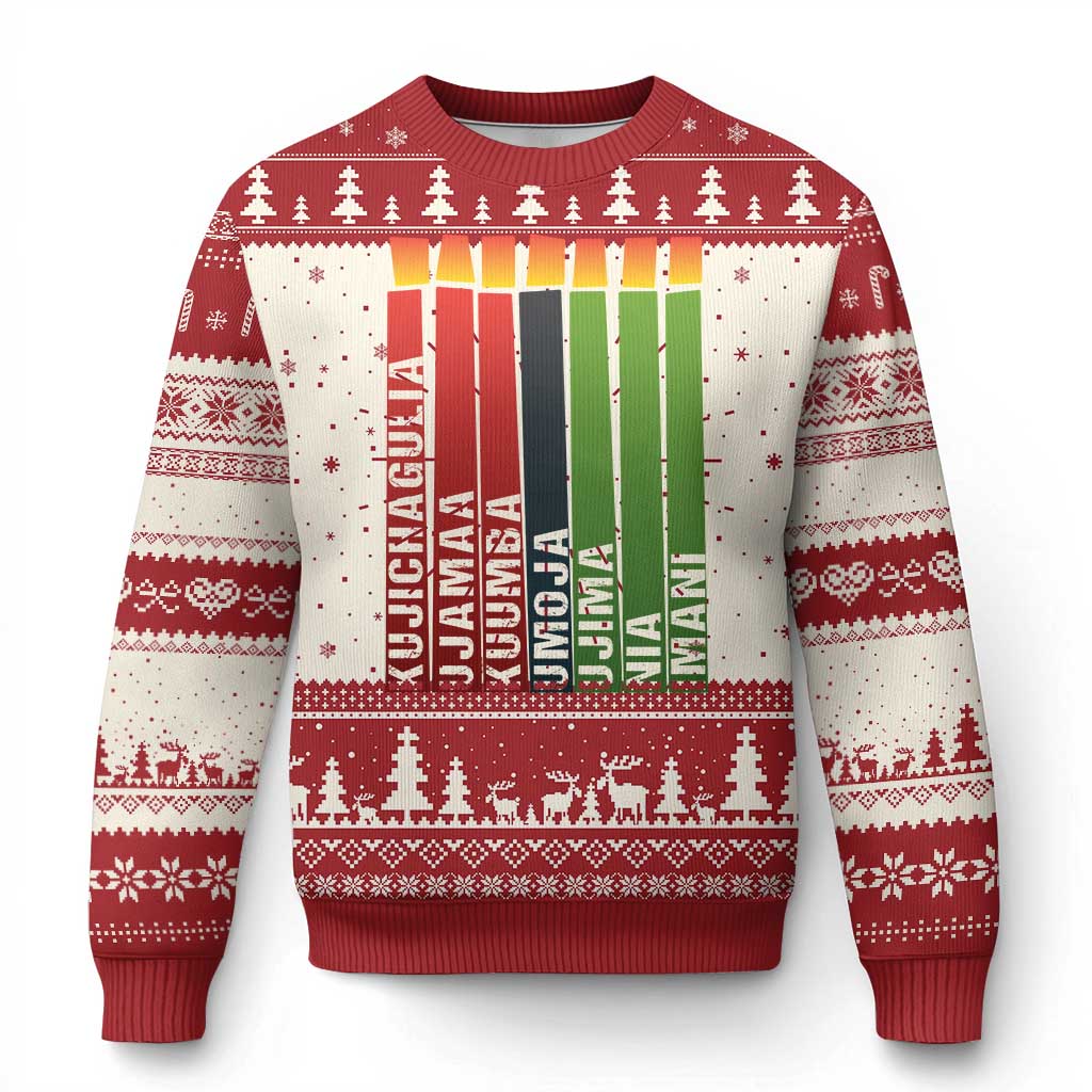 Red ugly Christmas sweater with kinara candles graphic and snowflake pattern