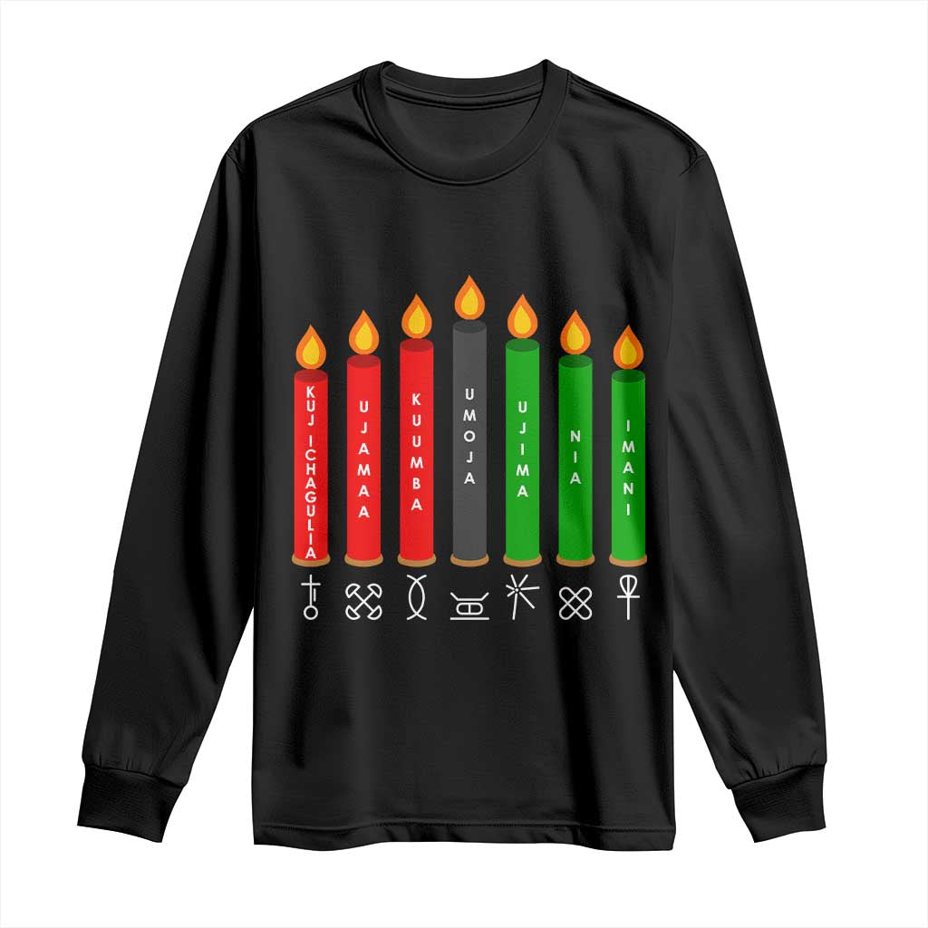 Black long sleeve T-shirt with colorful Kwanzaa candle and Nguzo Saba symbol graphic