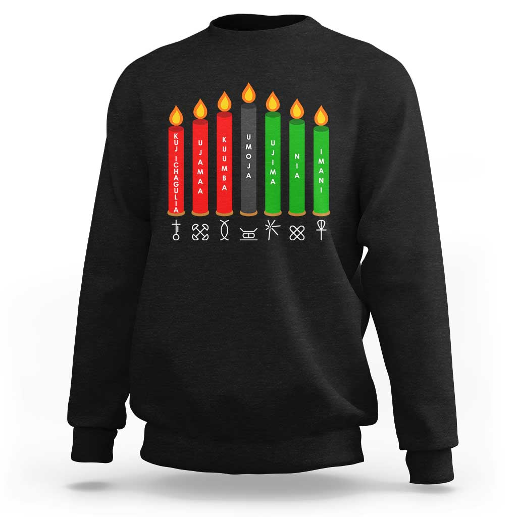 Black Kwanzaa candle symbols sweatshirt with seven colored candle graphic on back.