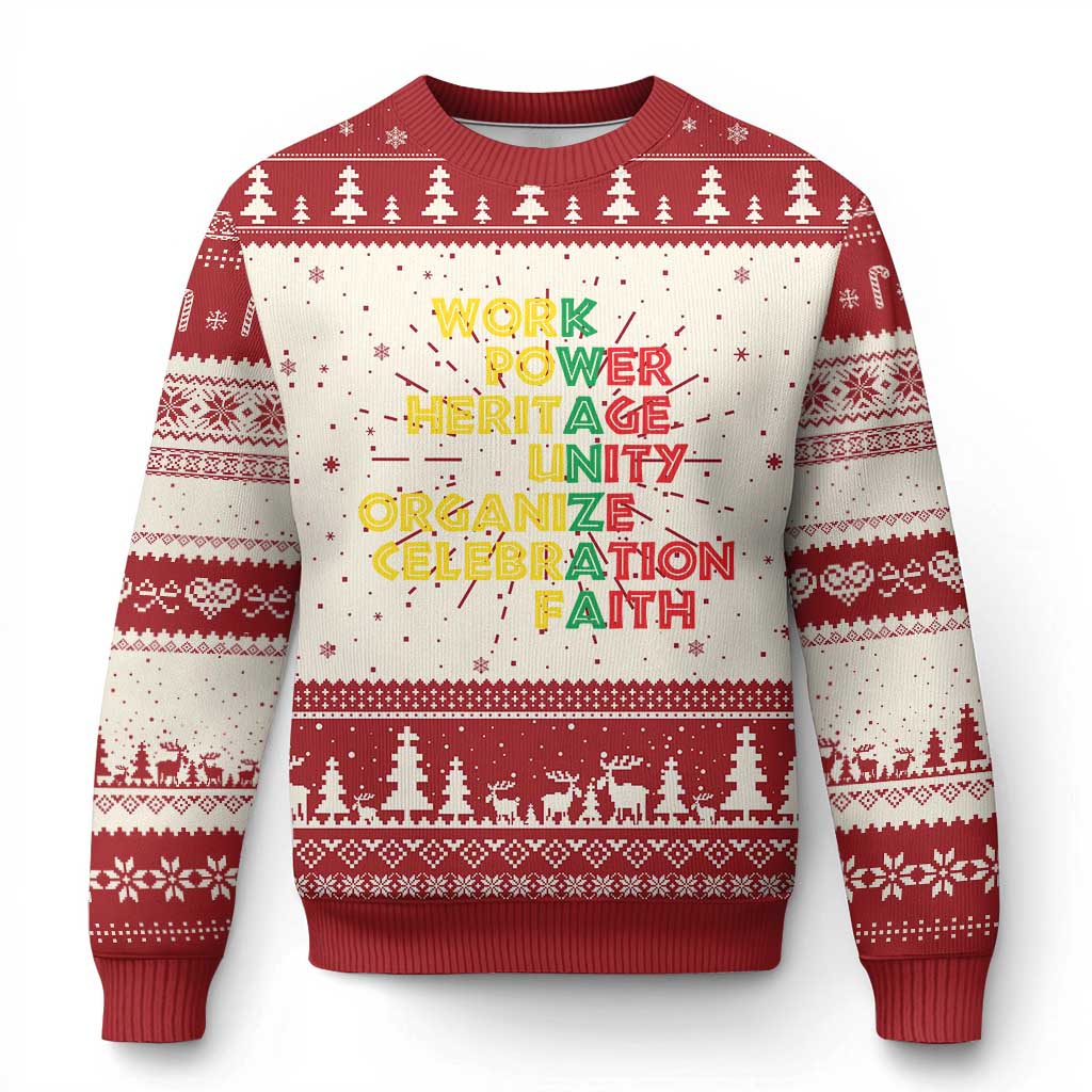 Red ugly Christmas sweater with tree knit and 'WORK POWER HERITAGE' graphic