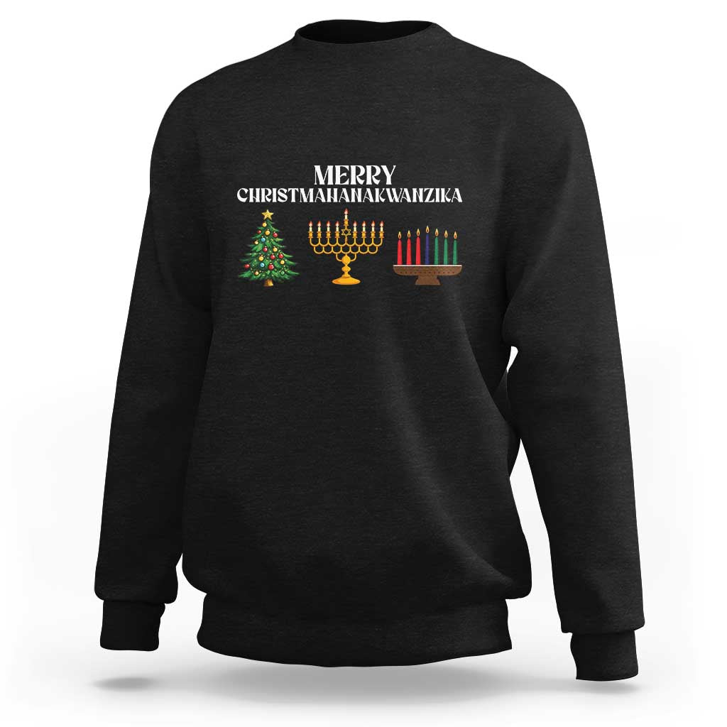 Black crewneck sweatshirt with holiday menorah and tree graphic on the chest.