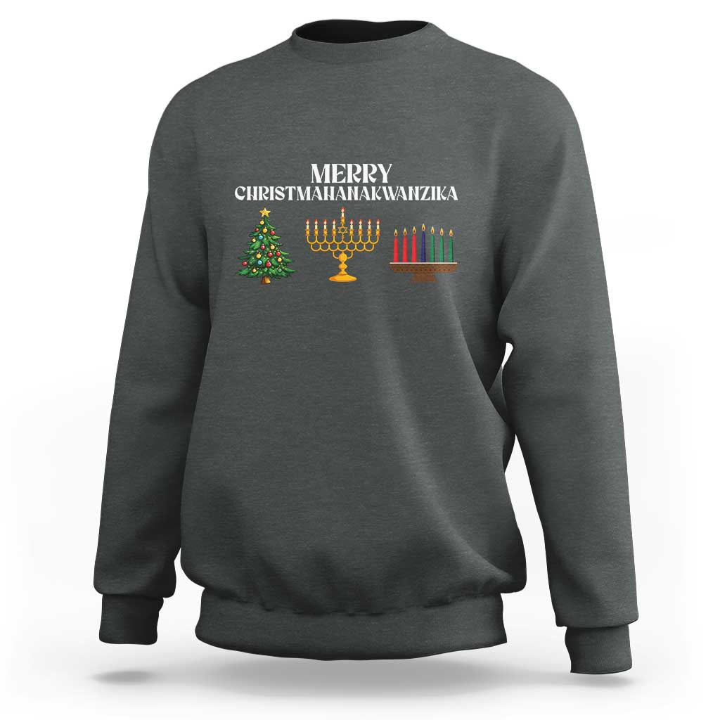 Charcoal crewneck sweatshirt with holiday menorah and tree graphic on the chest.