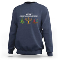 Navy crewneck sweatshirt with holiday menorah, tree, and candles graphic on the chest.