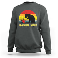 Dark heather gray sweatshirt with cat graphic and “I DO WHAT I WANT” text
