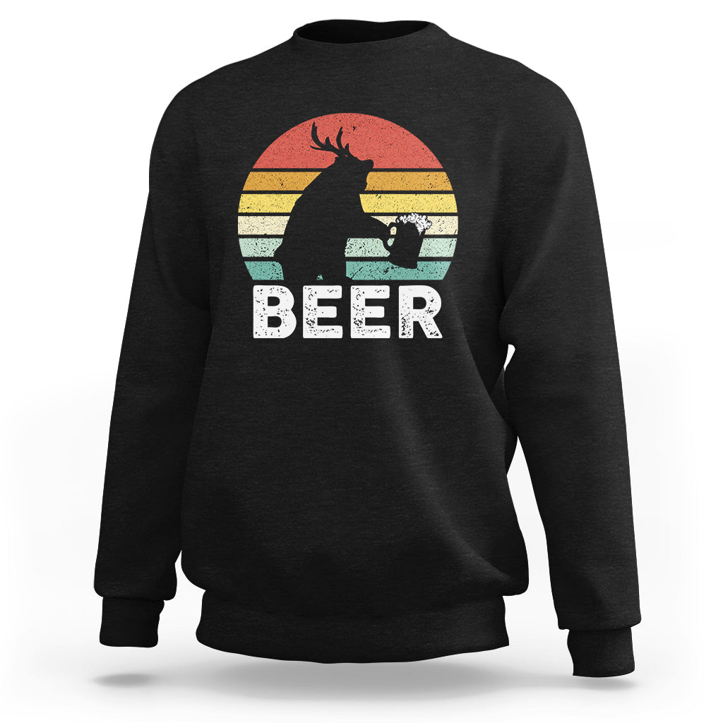 Black crewneck sweatshirt with 'BEER' deer mug graphic on front.