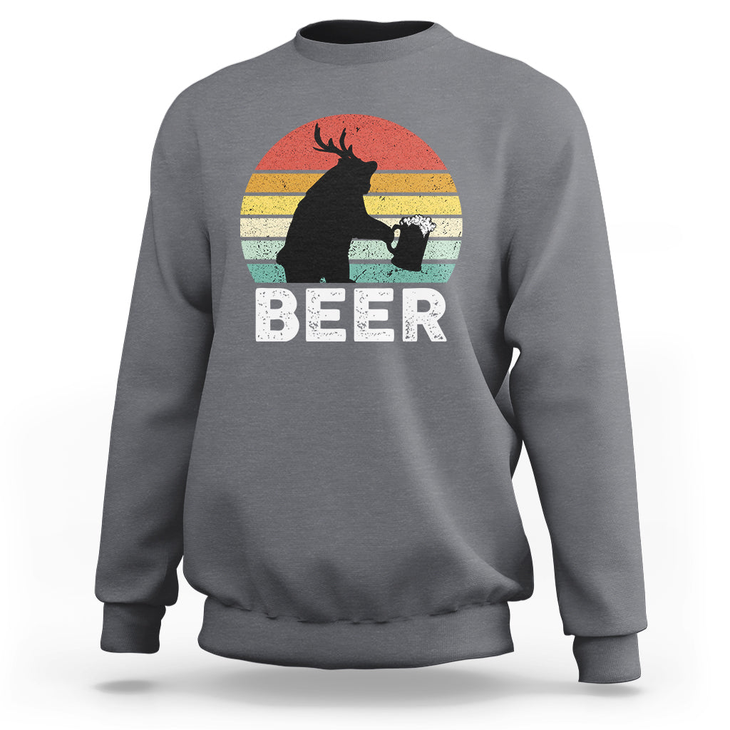 Gray crewneck sweatshirt with 'BEER' deer mug graphic on front.