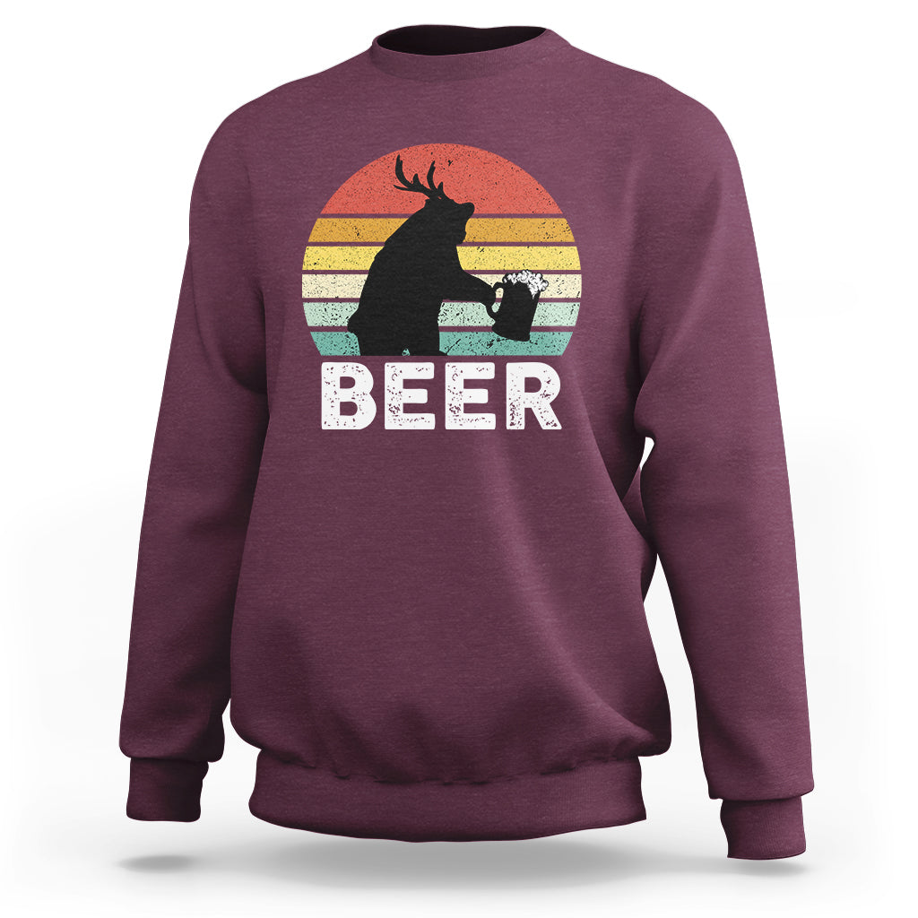 Maroon crewneck sweatshirt with 'BEER' deer mug graphic on front.