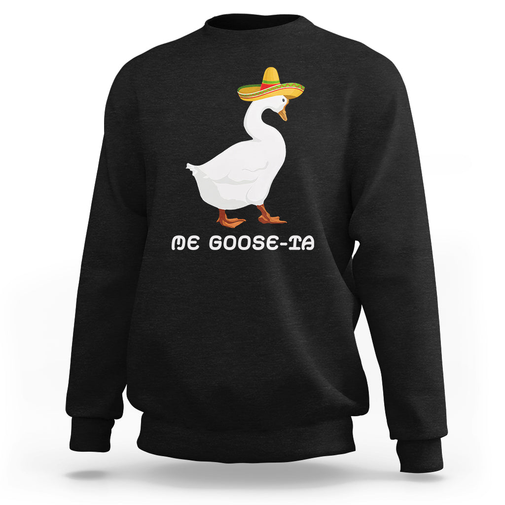 Black sweatshirt with front white goose and multicolor sombrero graphic