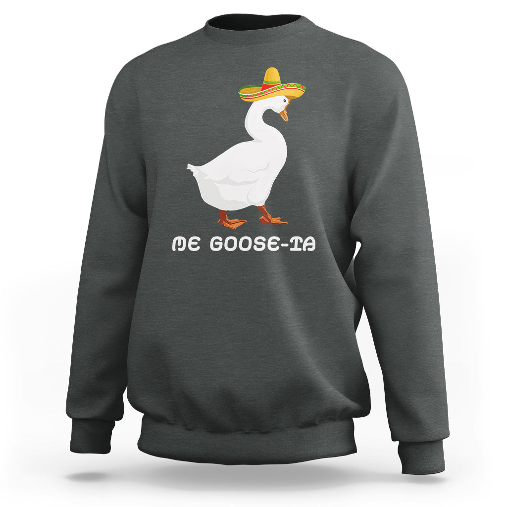 Dark heather gray sweatshirt with front white goose and multicolor sombrero graphic