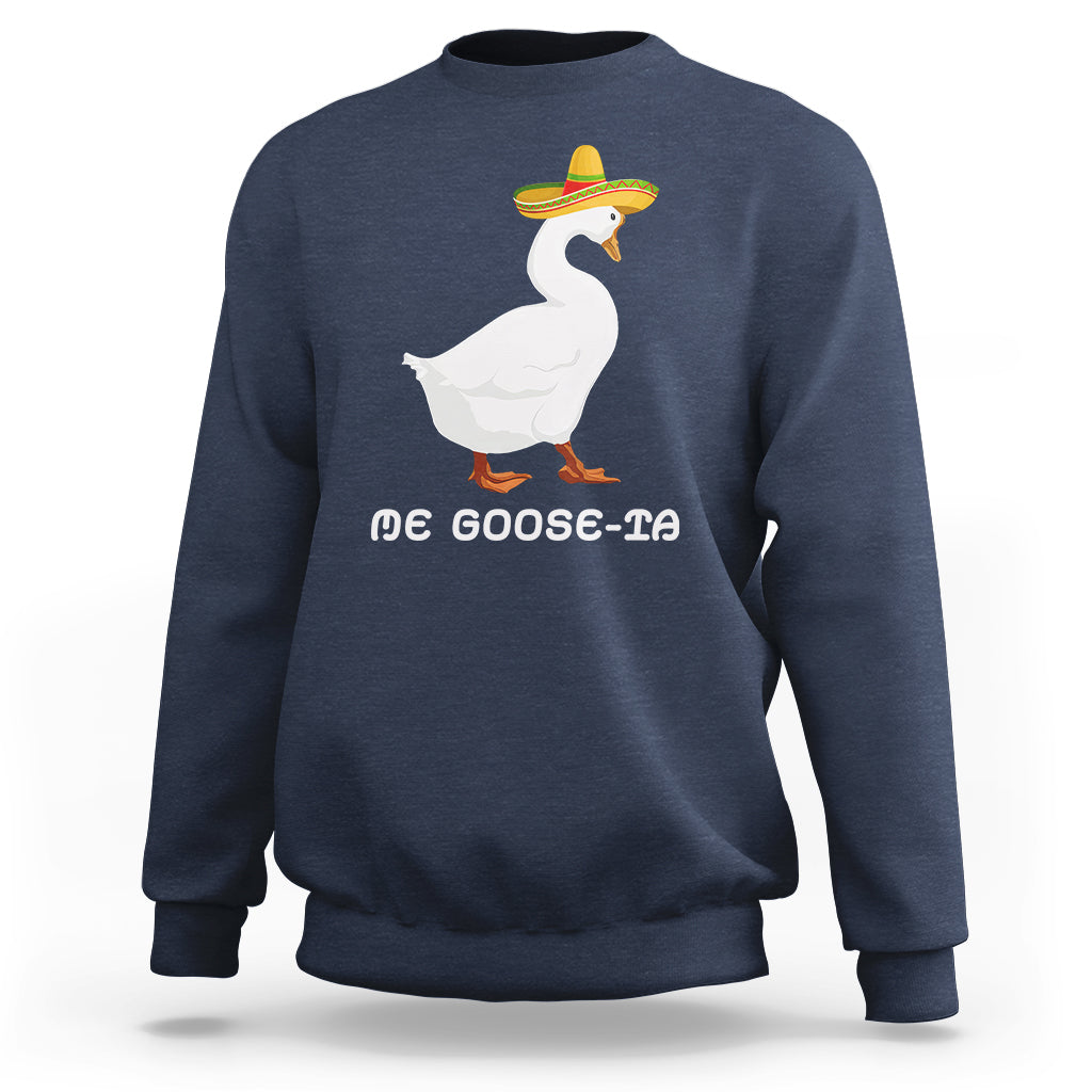 Navy sweatshirt with front white goose and multicolor sombrero graphic