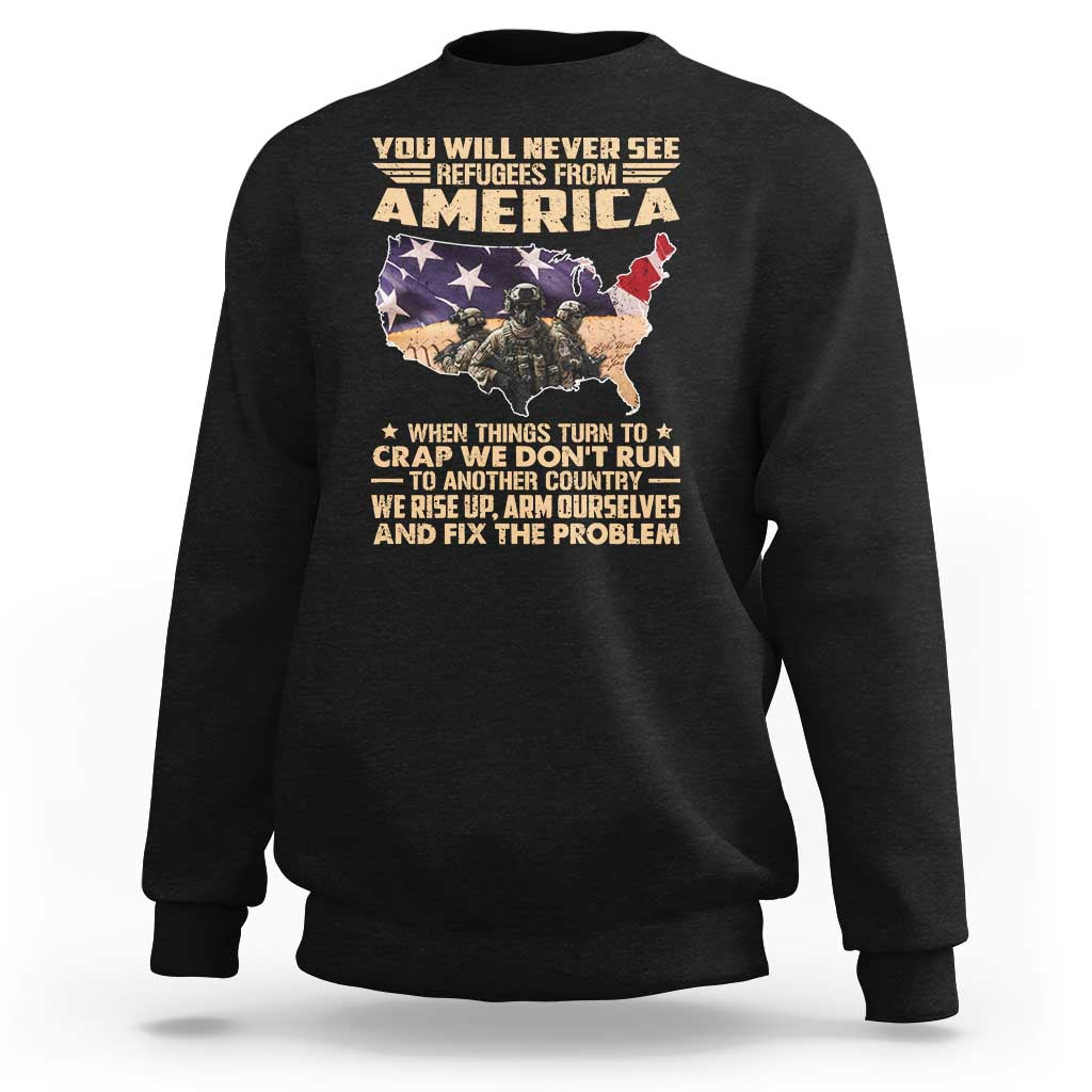 Black crewneck sweatshirt with America map graphic and slogan print on back.