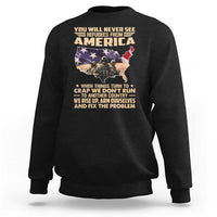 Black crewneck sweatshirt with America map graphic and slogan print on back.