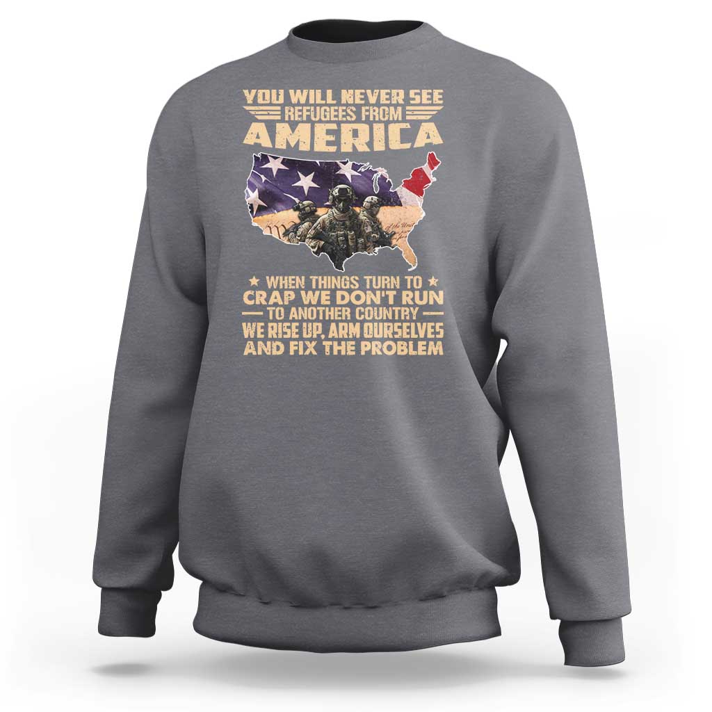 Dark heather gray crewneck sweatshirt with America map graphic and slogan print on back.