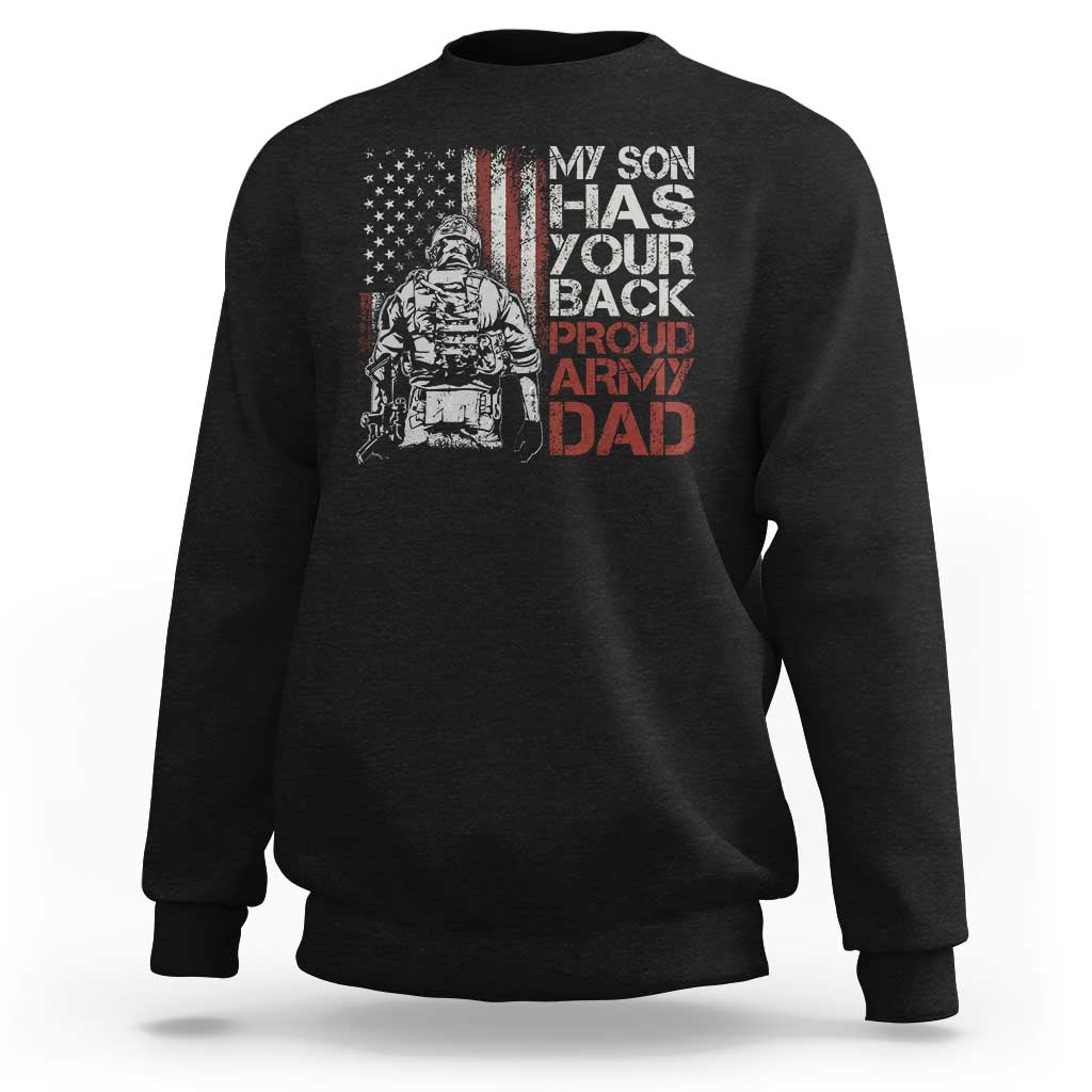 Black crewneck sweatshirt with front soldier and American flag graphic, 'Proud Army Dad' text.