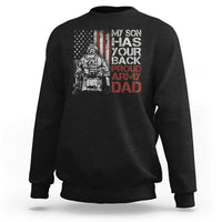 Black crewneck sweatshirt with front soldier and American flag graphic, 'Proud Army Dad' text.