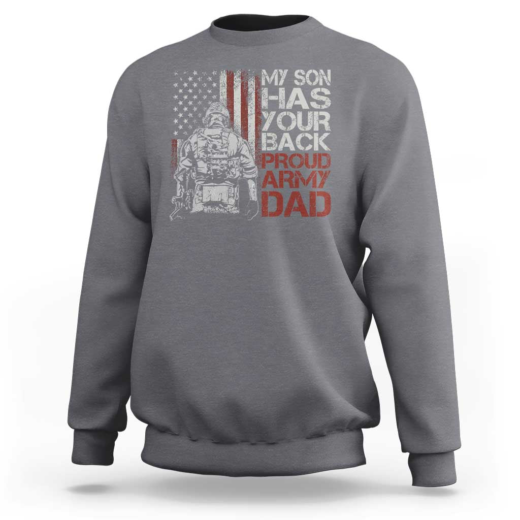 Dark heather gray crewneck sweatshirt with front soldier and American flag graphic, 'Proud Army Dad' text.