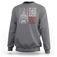Dark heather gray crewneck sweatshirt with front soldier and American flag graphic, 'Proud Army Dad' text.