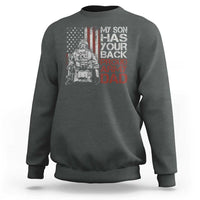Charcoal crewneck sweatshirt with front soldier and American flag graphic, 'Proud Army Dad' text.