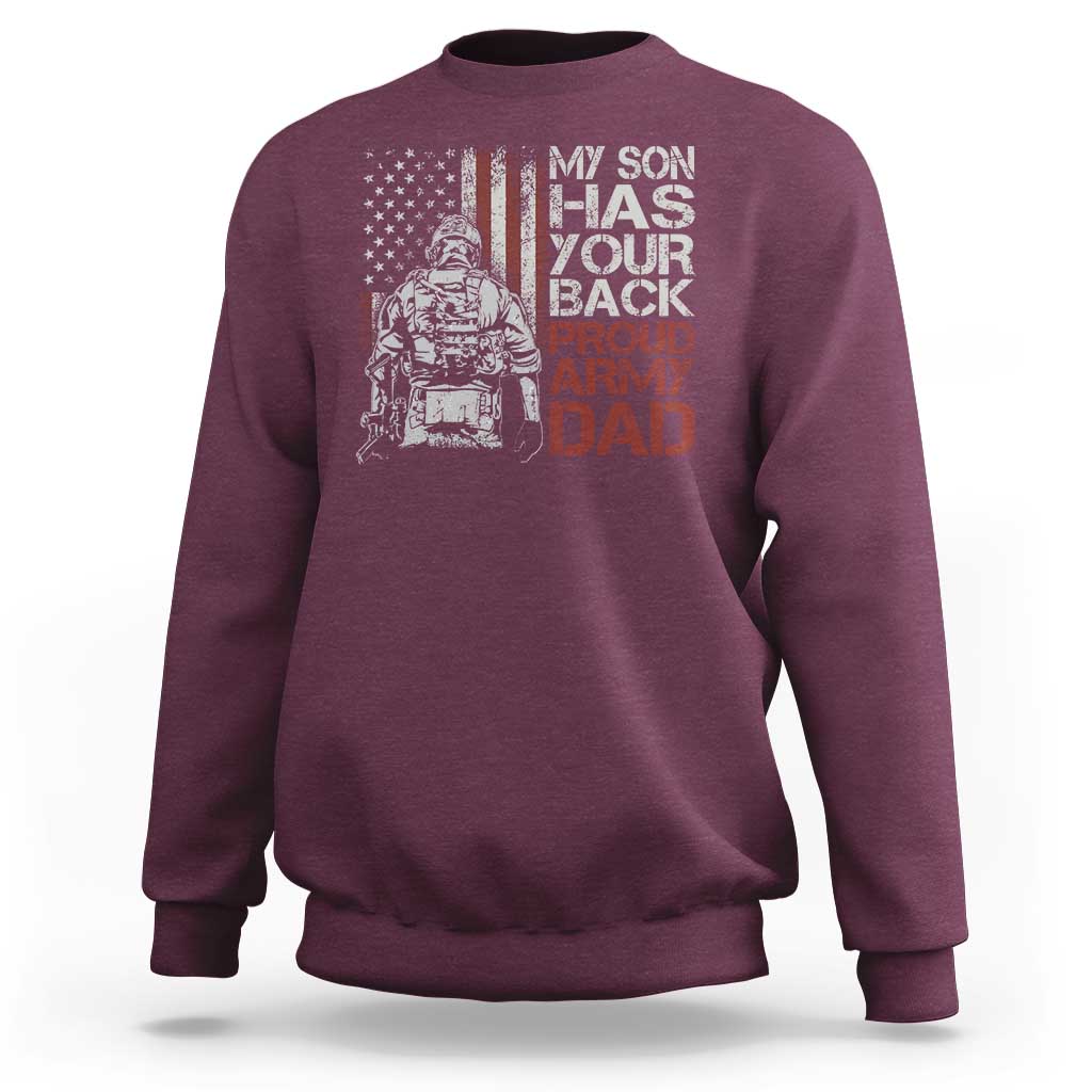 Maroon crewneck sweatshirt with front soldier and American flag graphic, 'Proud Army Dad' text.