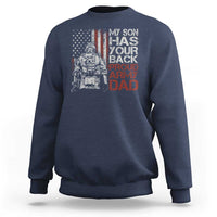 Navy crewneck sweatshirt with front soldier and American flag graphic, 'Proud Army Dad' text.