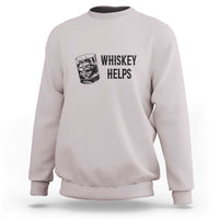Light gray crewneck sweatshirt with “WHISKEY HELPS” graphic and cup icon.