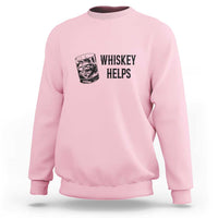 Light pink crewneck sweatshirt with “WHISKEY HELPS” graphic and cup icon.