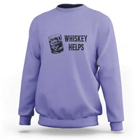 Violet crewneck sweatshirt with “WHISKEY HELPS” graphic and cup icon.