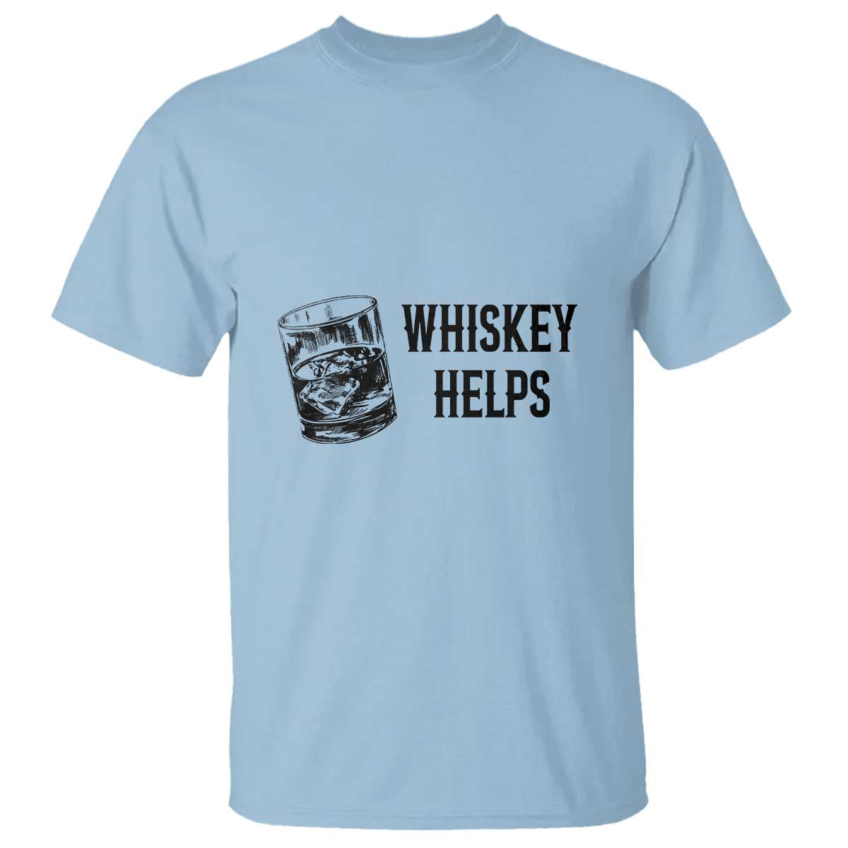 Light blue whiskey-themed T-shirt with “WHISKEY HELPS” graphic and glass icon on chest
